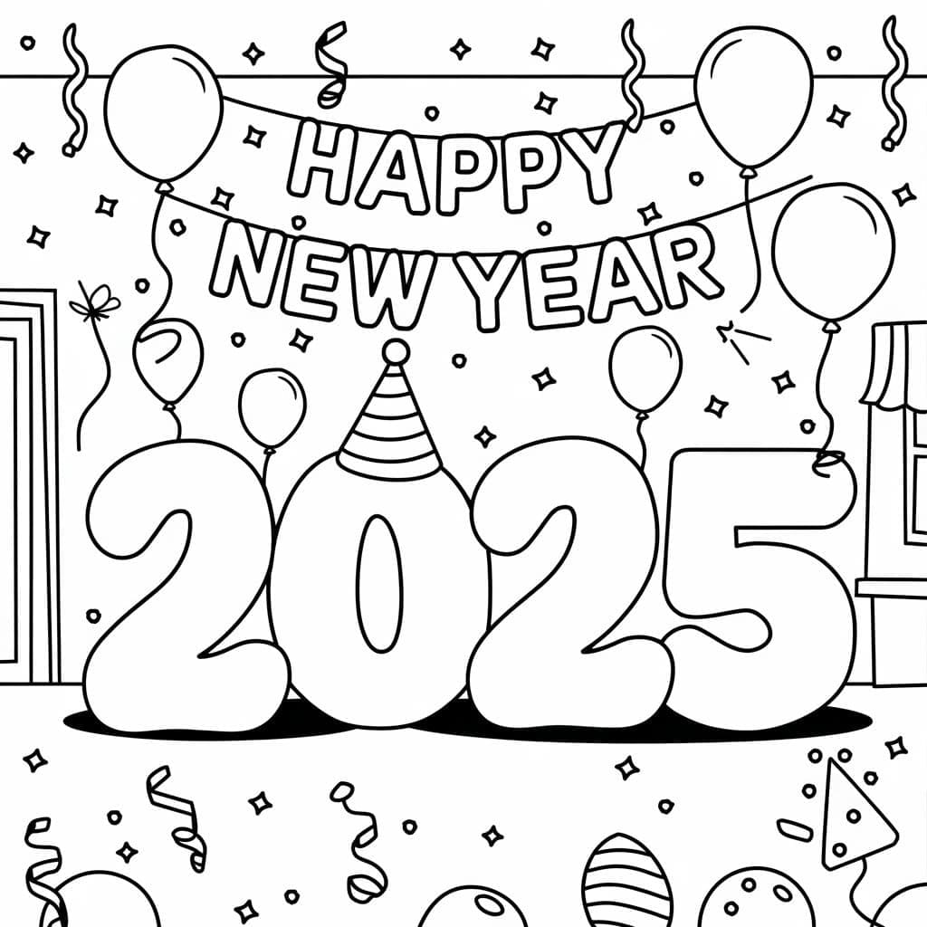 Mutlu Yılbaşı 2025 Bedava Boyama Sayfası