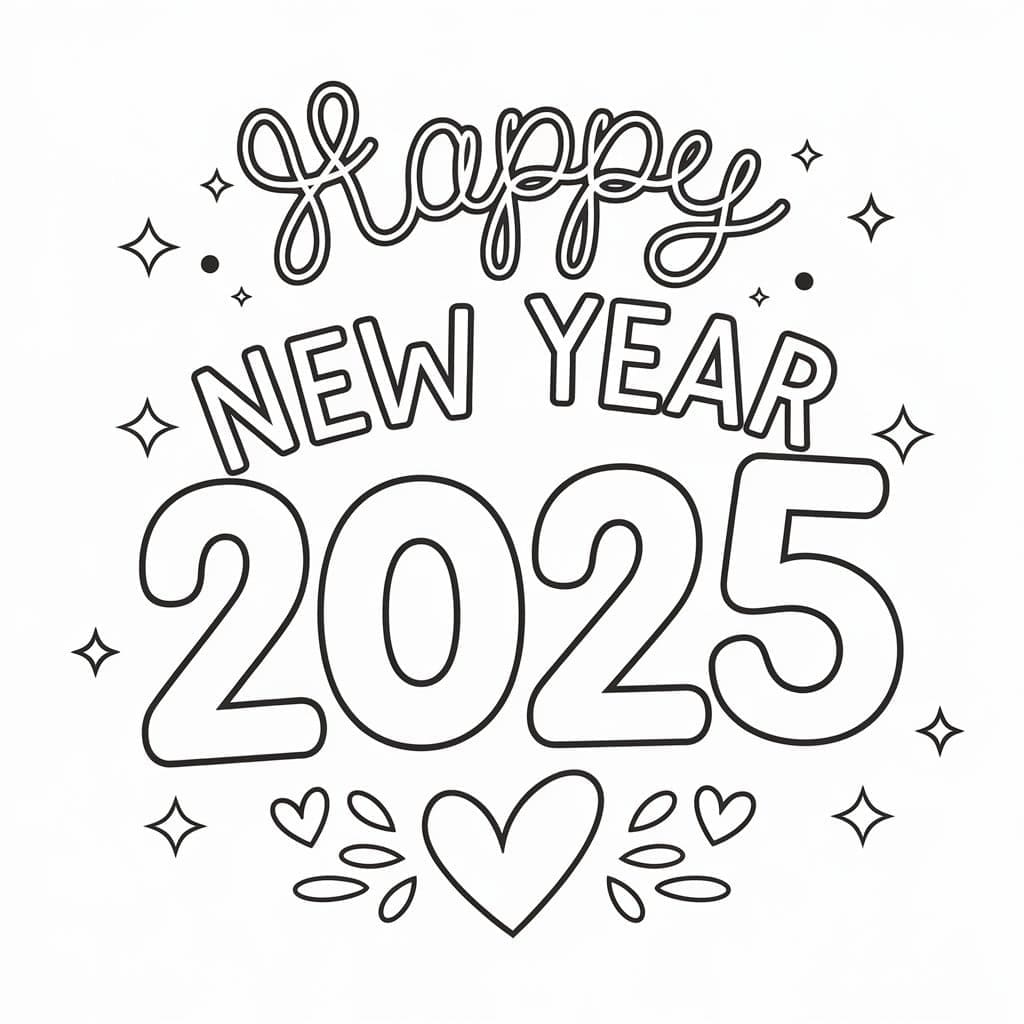 Yazdırılabilir Ücretsiz Mutlu Yılbaşı 2025 Boyama Sayfası