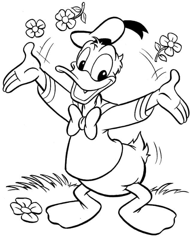 Donald Duck ve Çiçekler Boyama Sayfası