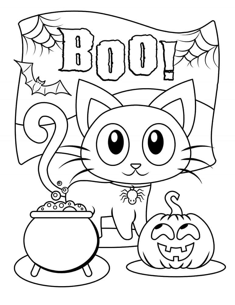 Halloween Kedi Çocuklar İçin Boyama Sayfası