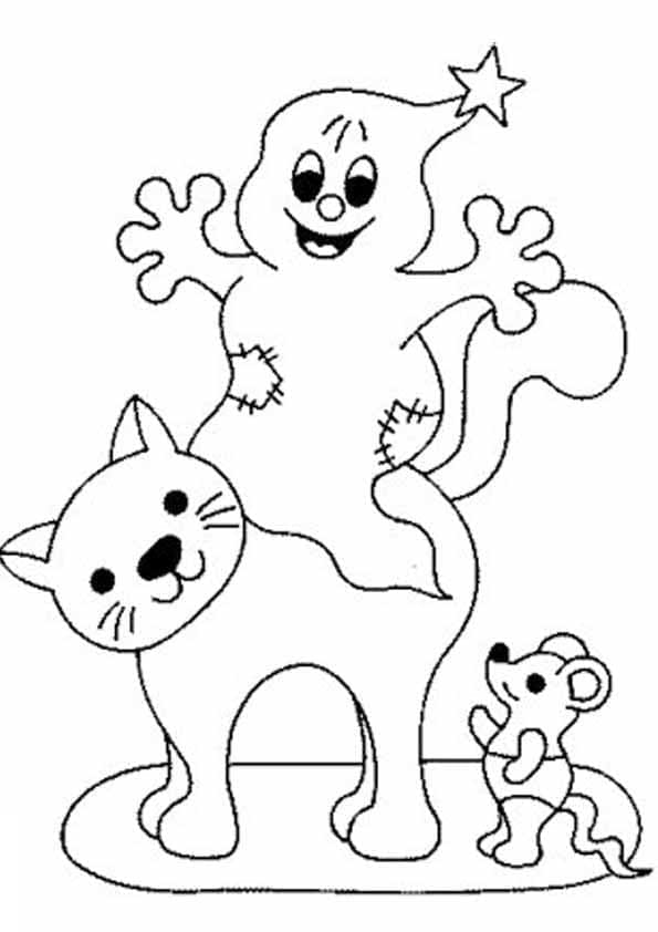 Halloween Kedi, Fare ve Hayalet Boyama Sayfası