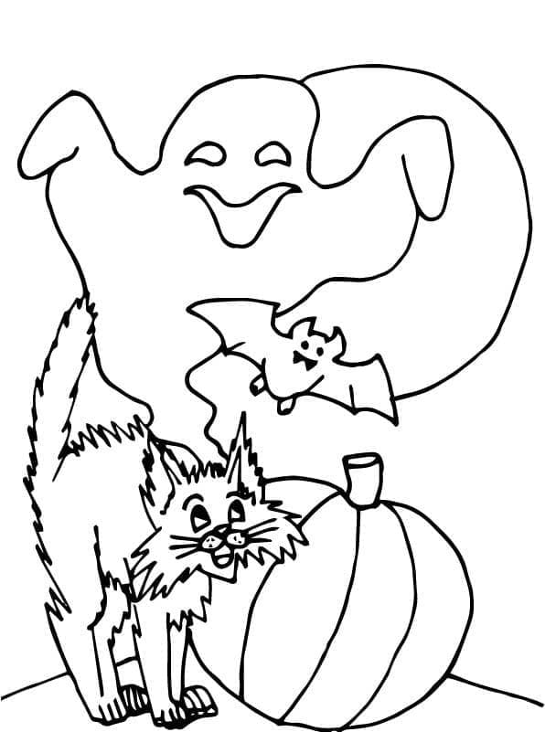 Halloween Kedi, Hayalet ve Yarasa Boyama Sayfası
