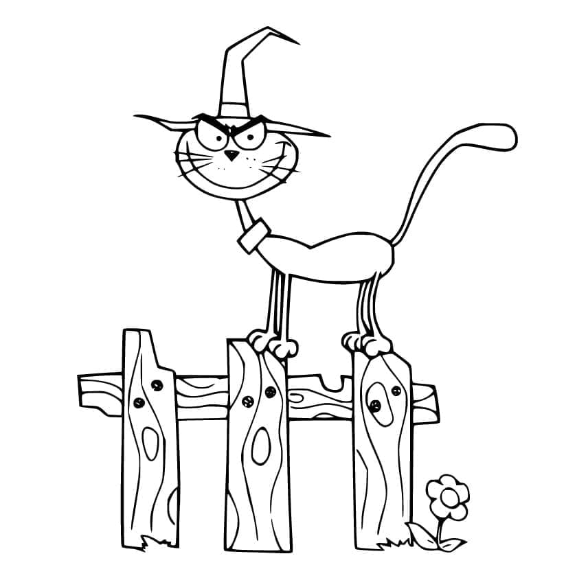 Halloween Kedi ve Çit Üzerinde Boyama Sayfası