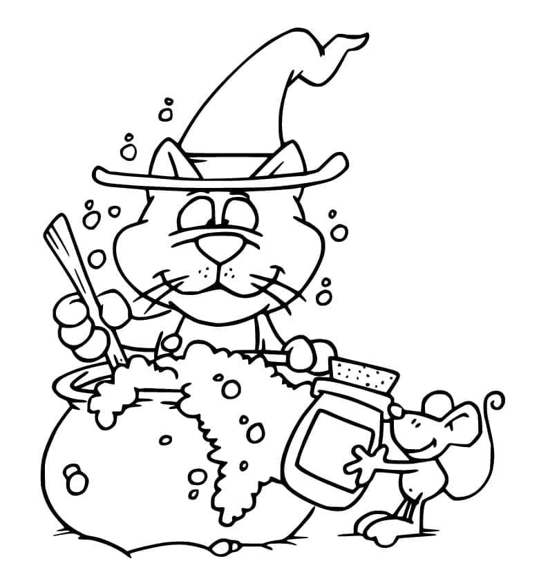 Halloween Kedi ve Fare Boyama Sayfası