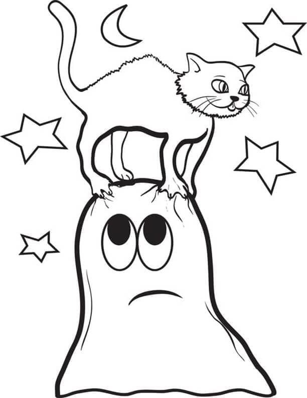 Halloween Kedi ve Hayalet ile Boyama Sayfası