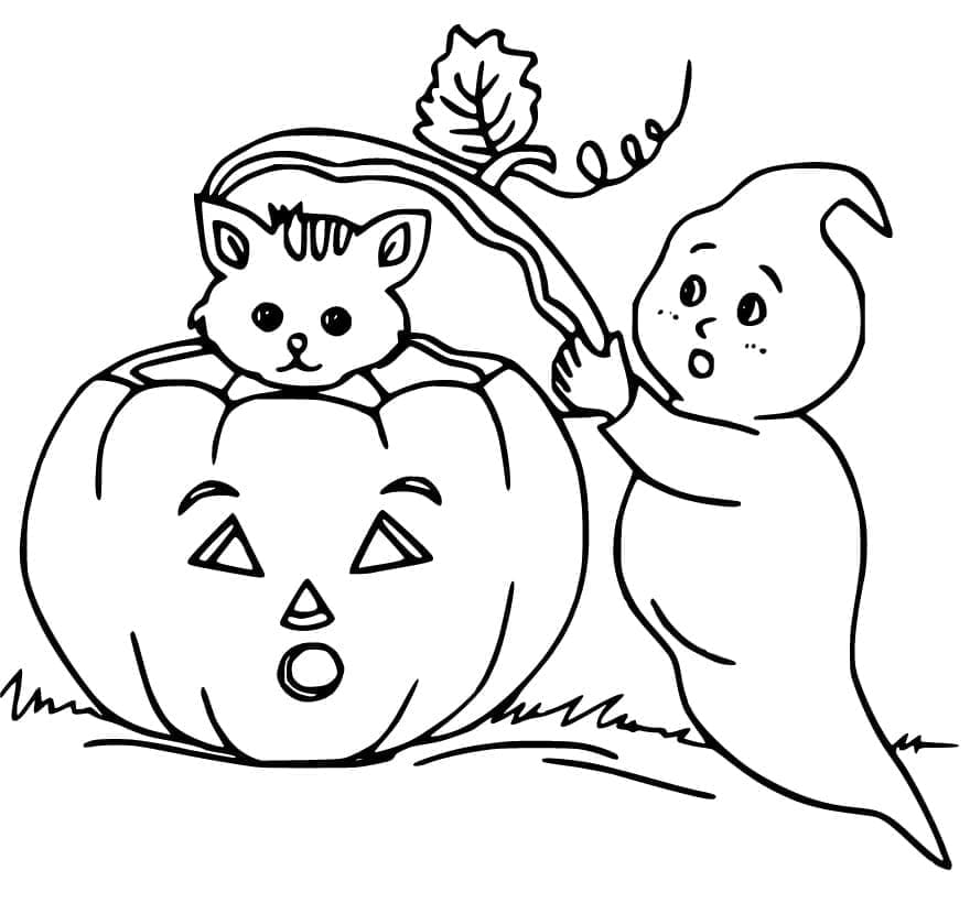 Halloween Kedi ve Hayalet Boyama Sayfası