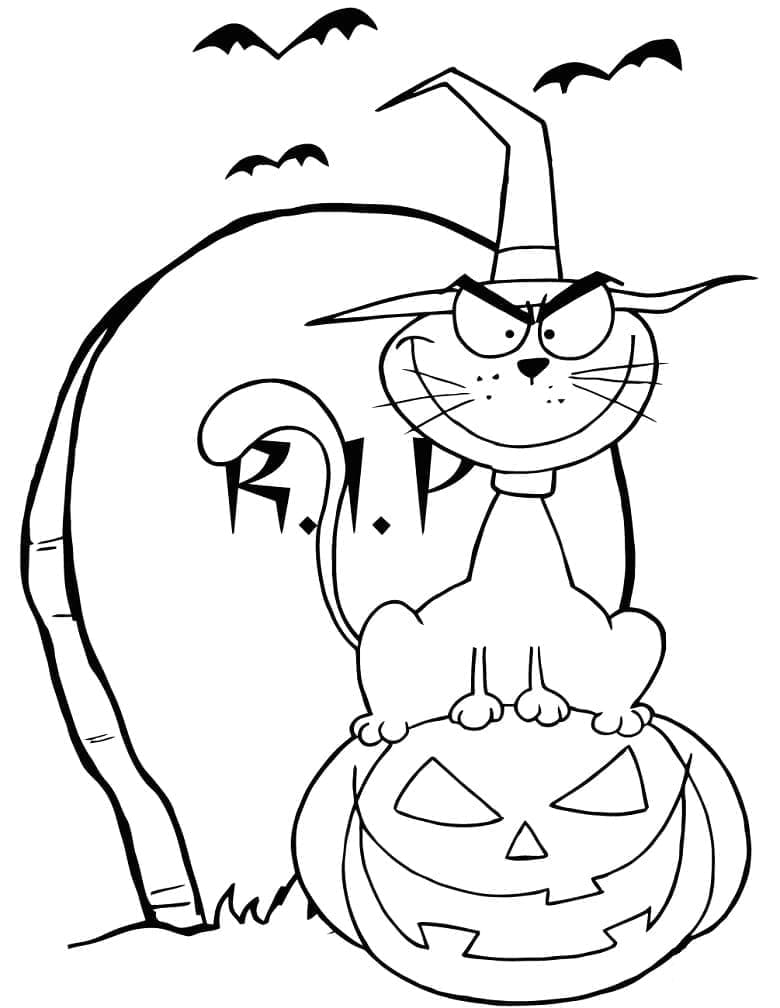 Halloween Kedi ve Mezar Taşı Boyama Sayfası