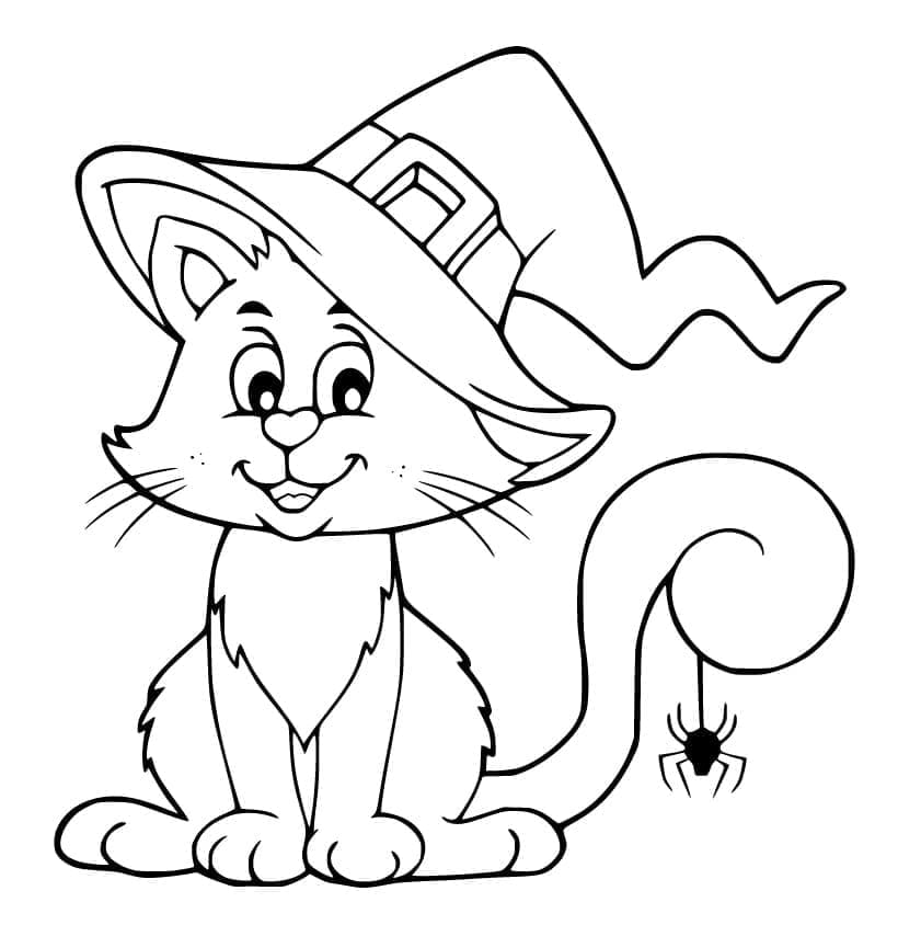 Halloween Kedi ve Örümcek Boyama Sayfası