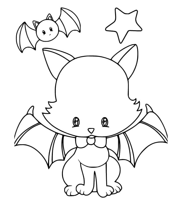 Sevimli Halloween Kedi ve Yarasa Boyama Sayfası