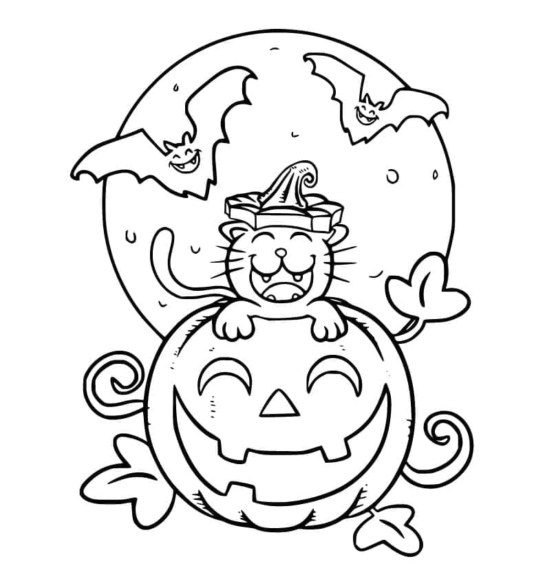 Yarasalar ve Halloween Kedi Boyama Sayfası