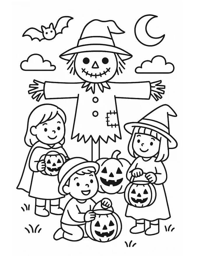 Korkuluk ile Çocuklar Boyama Sayfası