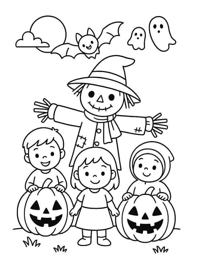 Korkuluk ve Çocuklar Boyama Sayfası