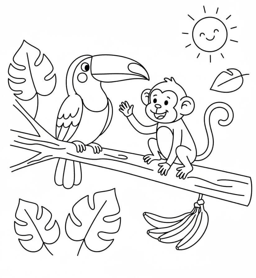 Tukan ve Maymun Boyama Sayfası