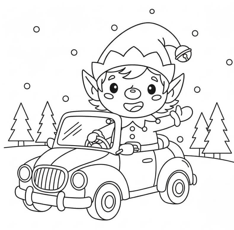 Araba Süren Noel Elfi Boyama Sayfası
