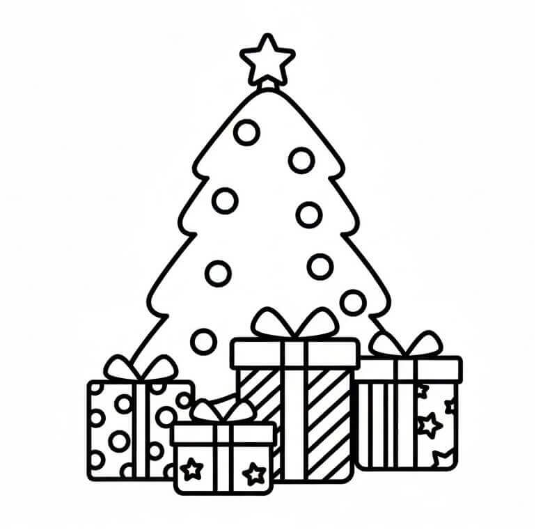 Basit Ağaç ve Noel Hediyeleri Boyama Sayfası