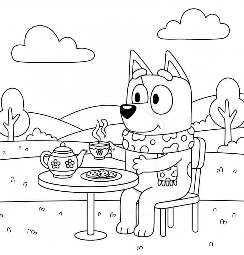 Bluey Çay İçiyor Boyama Sayfası