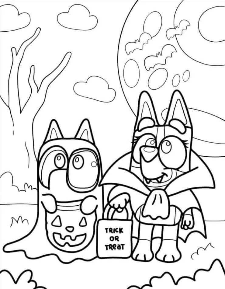 Bluey ve Cadılar Bayramı Boyama Sayfası