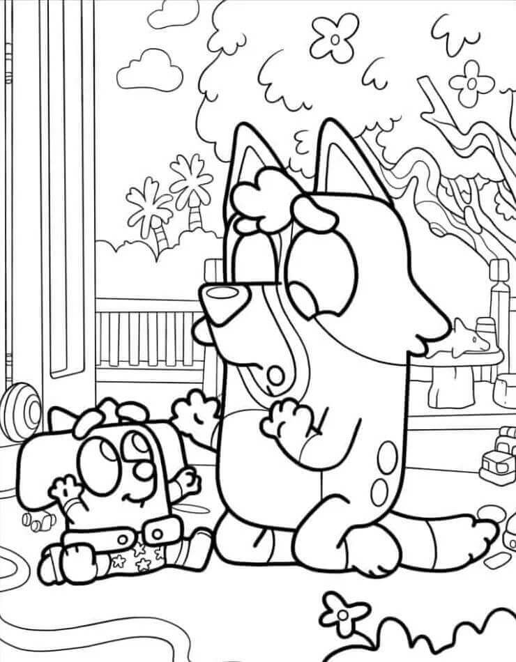 Bluey ve Minik Bebek Boyama Sayfası