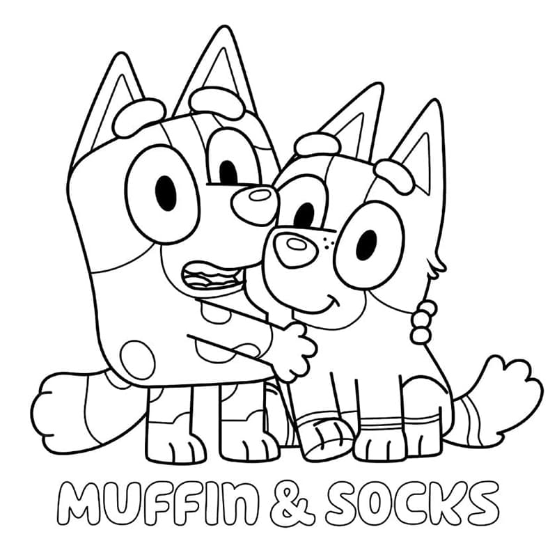 Bluey'den Muffin ve Socks Boyama Sayfası