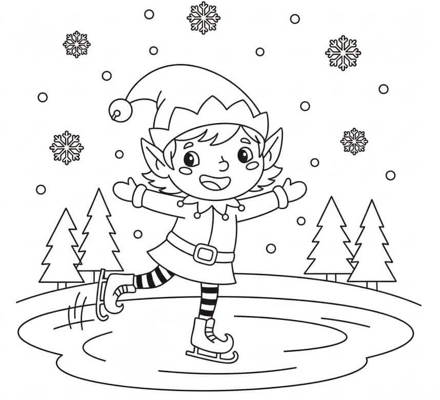 Buz Pateni Yapan Noel Elfi Boyama Sayfası