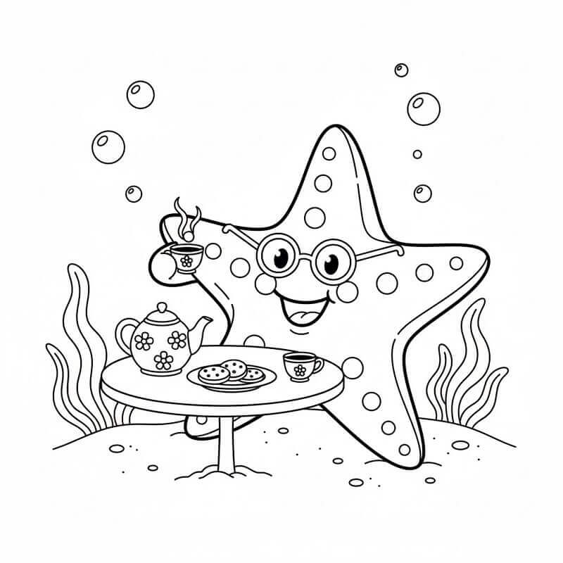 Çay İçen Denizyıldızı Boyama Sayfası