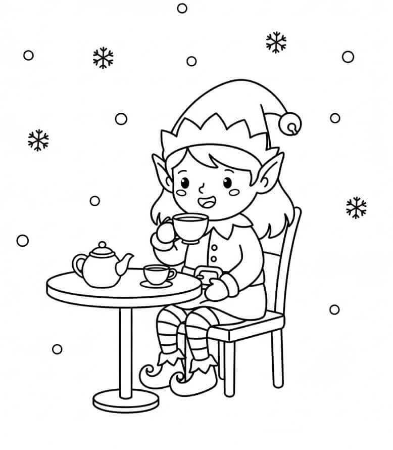 Çay İçen Noel Elfi Boyama Sayfası