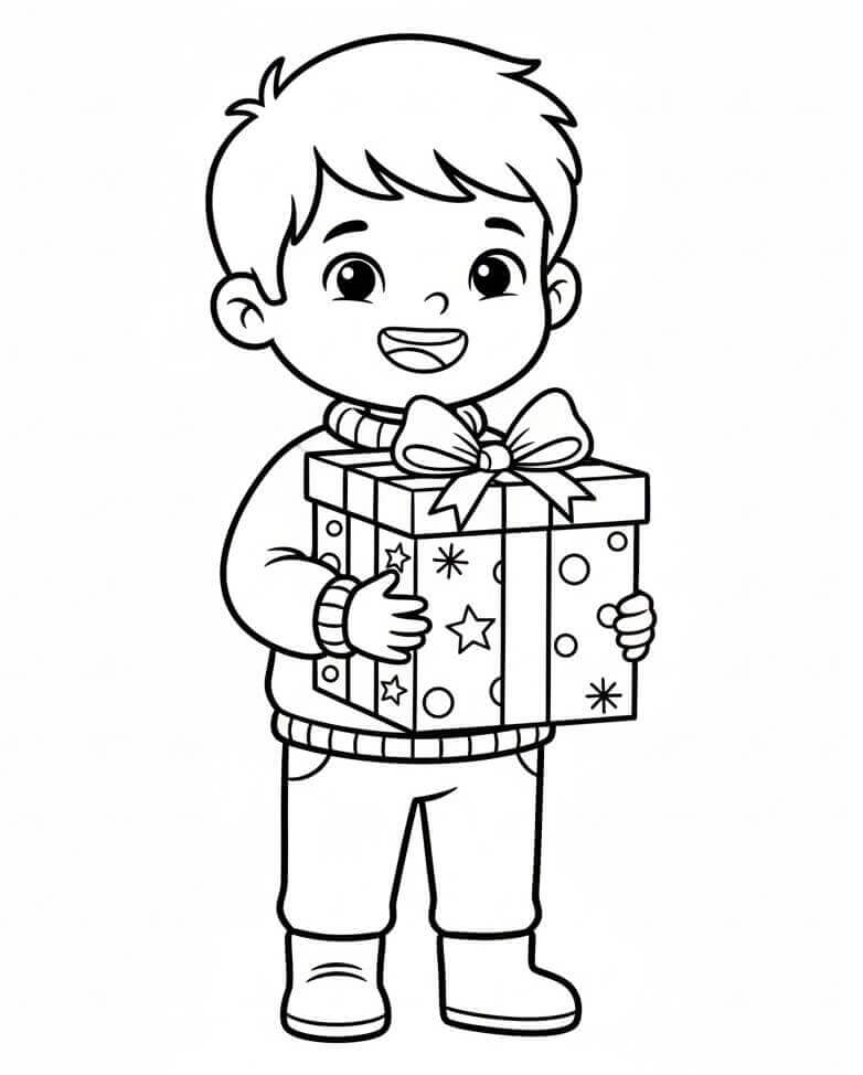 Erkek Çocuk ve Noel Hediyesi Boyama Sayfası
