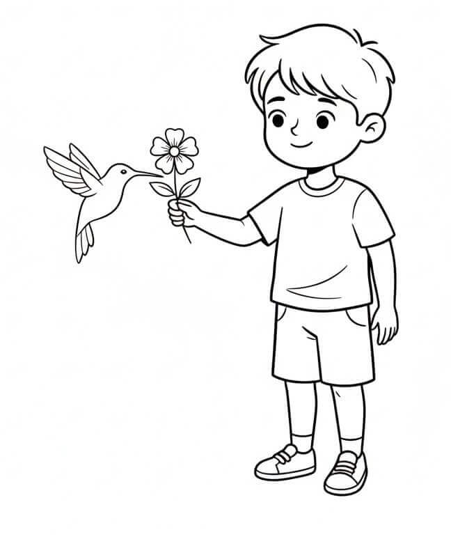 Erkek Çocuk ve Sinekkuşu Boyama Sayfası