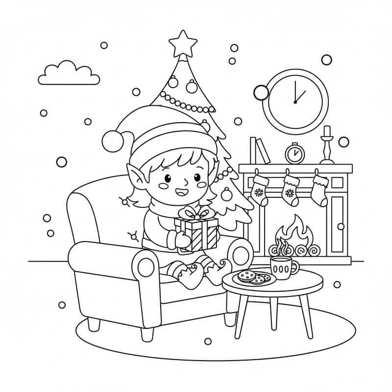 Evdeki Noel Elfi Boyama Sayfası