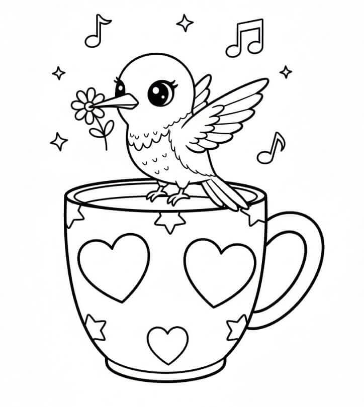 Fincan Üzerinde Sinekkuşu Boyama Sayfası