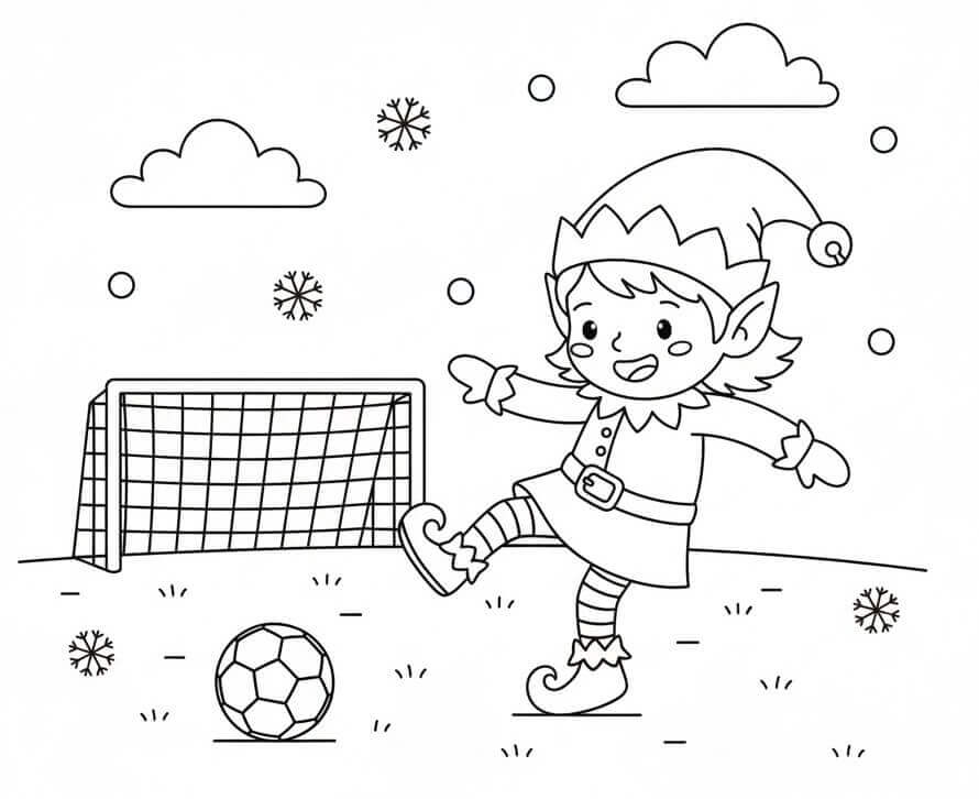 Futbol Oynayan Noel Elfi Boyama Sayfası