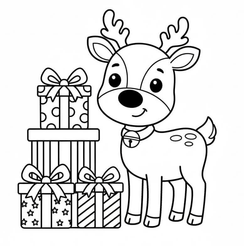 Geyik ve Noel Hediyeleri Boyama Sayfası
