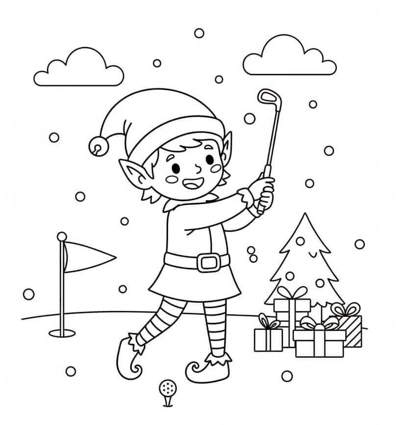 Golf Oynayan Noel Elfi Boyama Sayfası