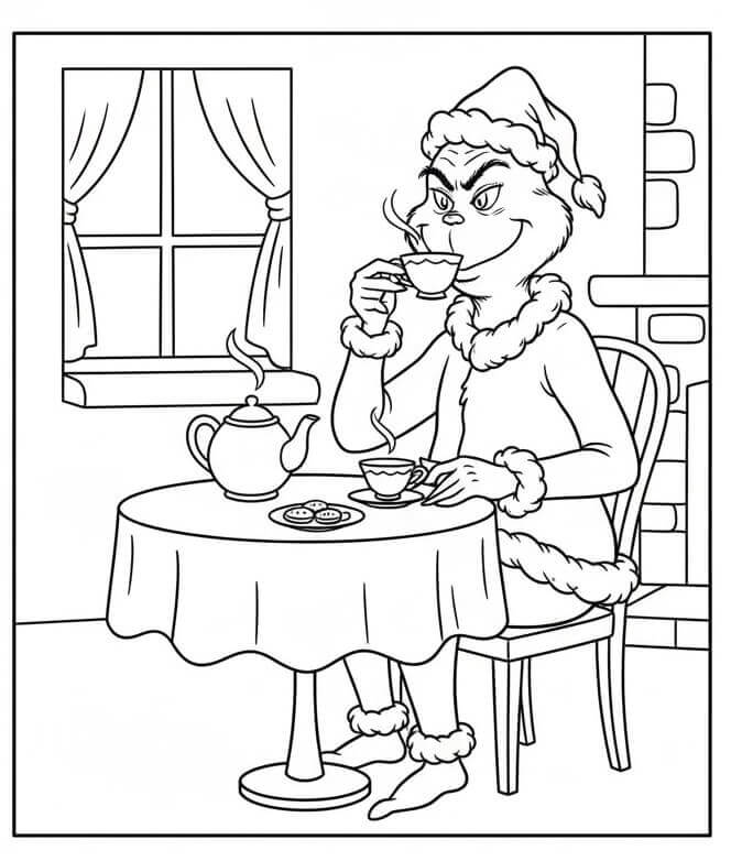 Grinch Çay İçiyor Boyama Sayfası