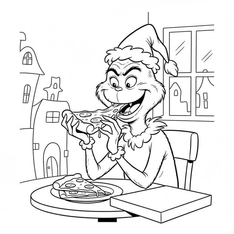 Grinch Pizza Yiyor Boyama Sayfası
