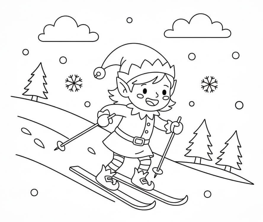 Kayak Yapan Noel Elfi Boyama Sayfası