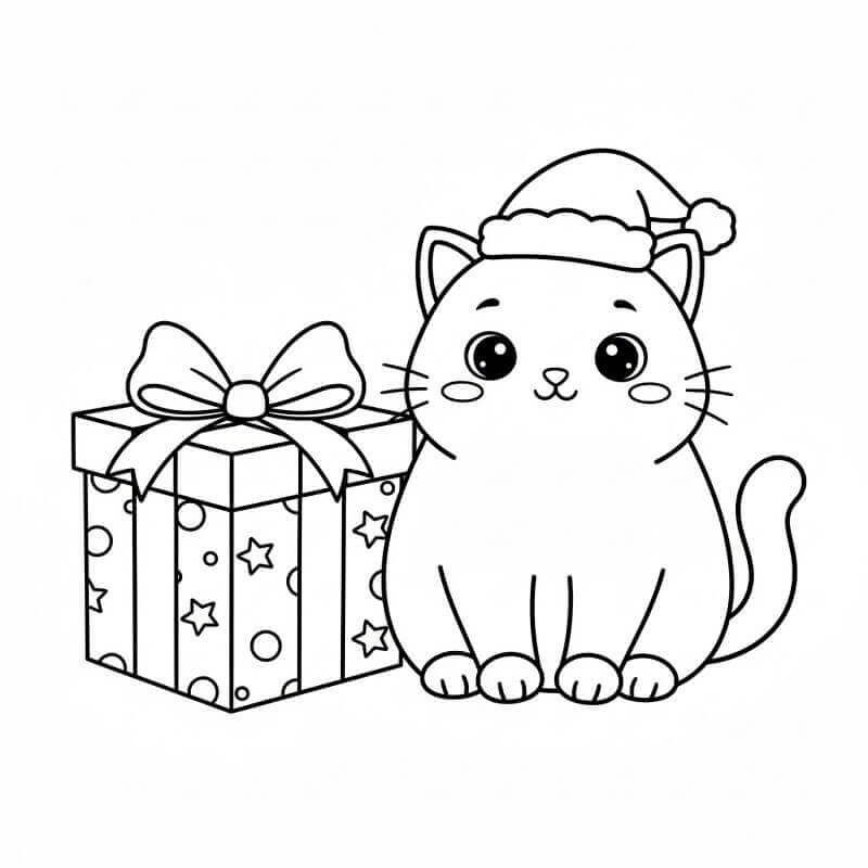 Kedi ve Noel Hediyesi Boyama Sayfası