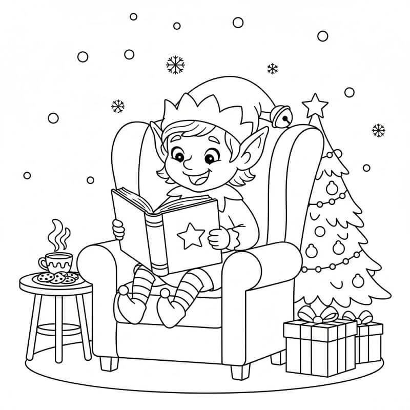 Kitap Okuyan Noel Elfi Boyama Sayfası