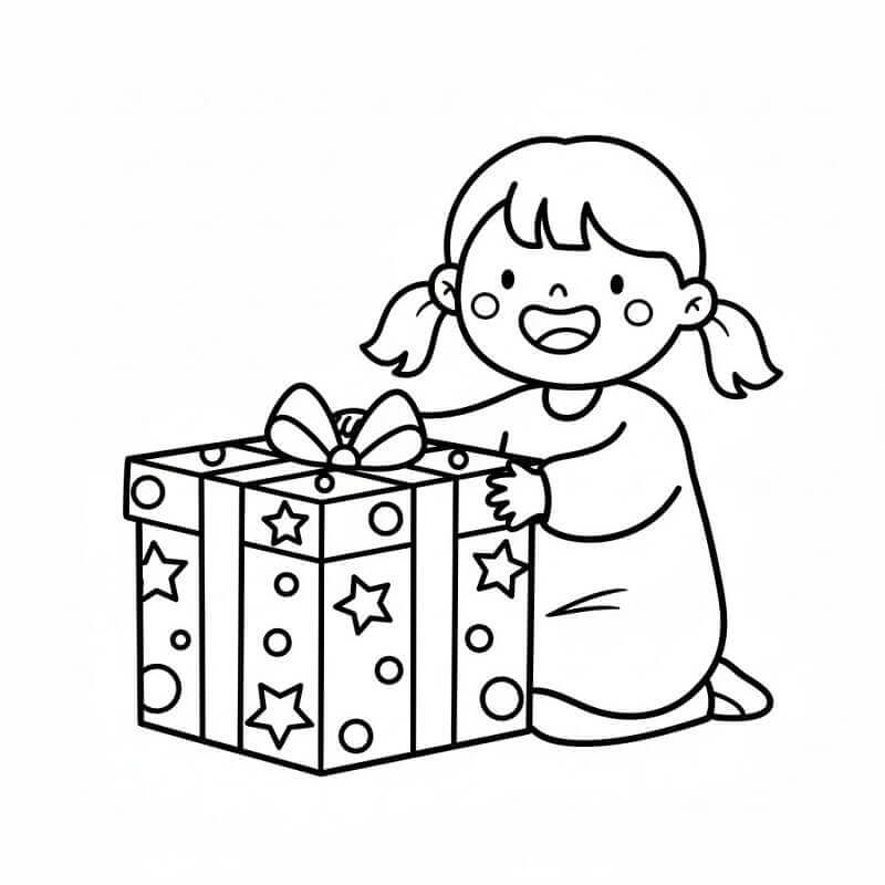 Kız Çocuk ve Noel Hediyesi Boyama Sayfası