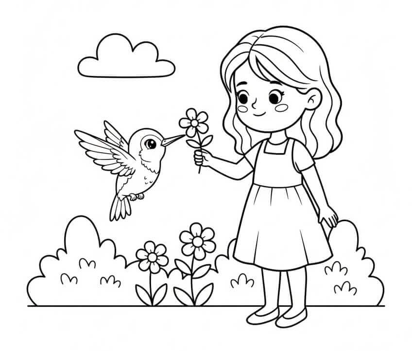 Kız ve Sinekkuşu Boyama Sayfası