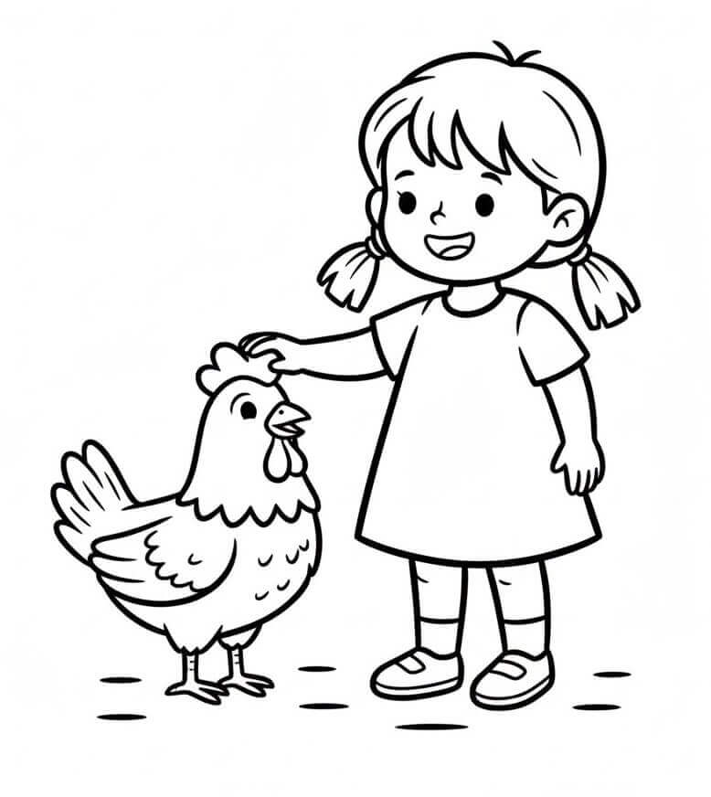 Kız ve Tavuk Boyama Sayfası