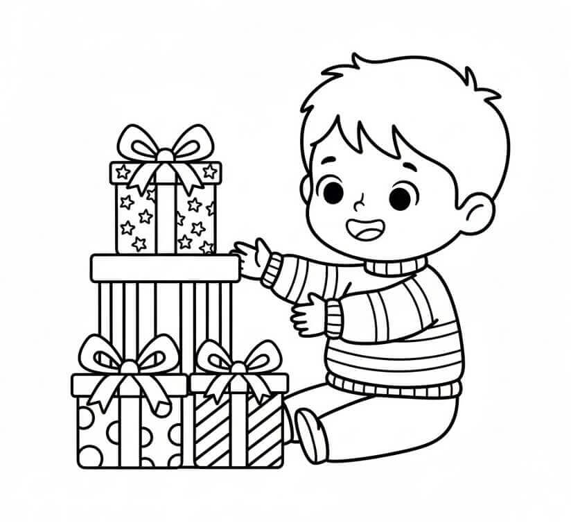 Küçük Erkek ve Noel Hediyeleri Boyama Sayfası