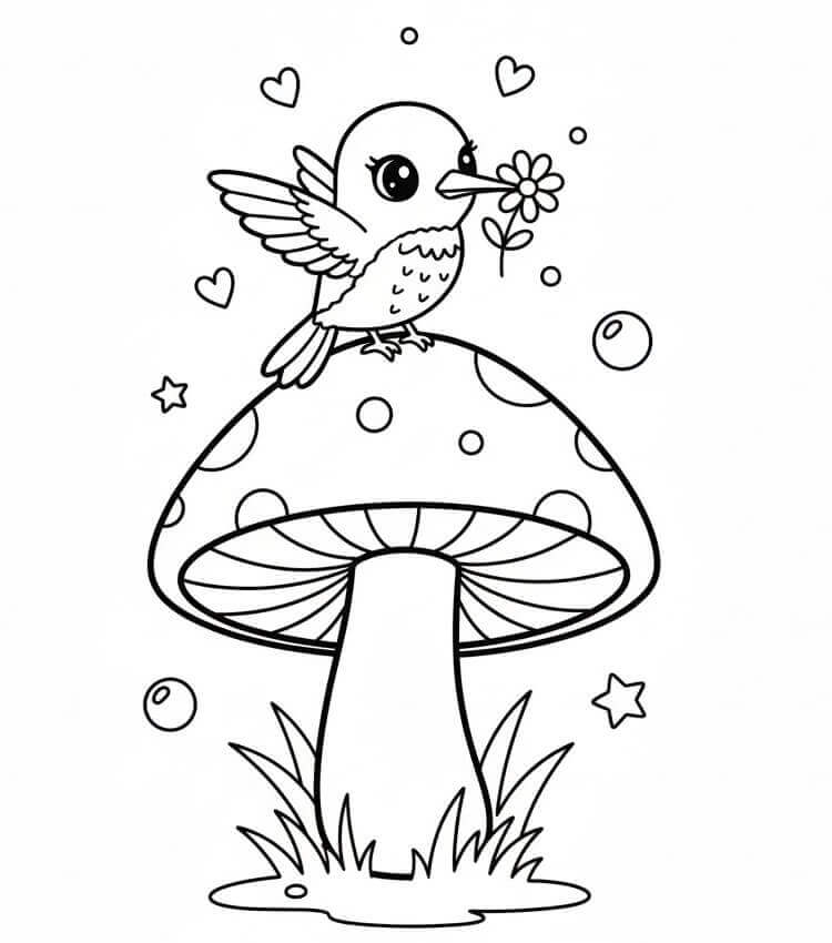 Mantardaki Sinekkuşu Boyama Sayfası