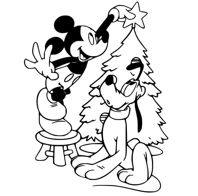 Mickey ve Pluto Noel Ağacı Süsüyor Boyama Sayfası