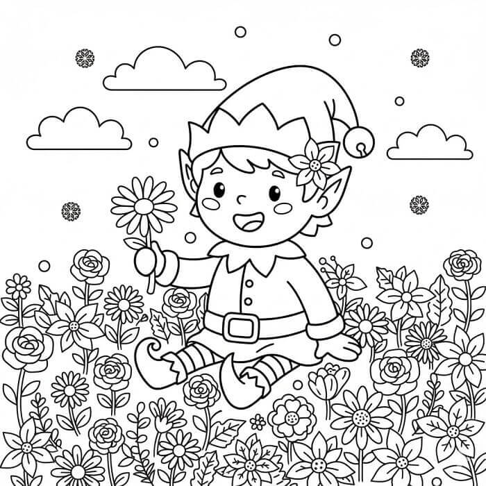 Noel Elfi Çiçeklerle Boyama Sayfası