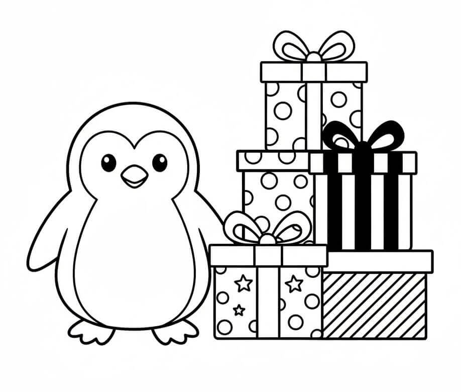 Penguen ve Noel Hediyeleri Boyama Sayfası