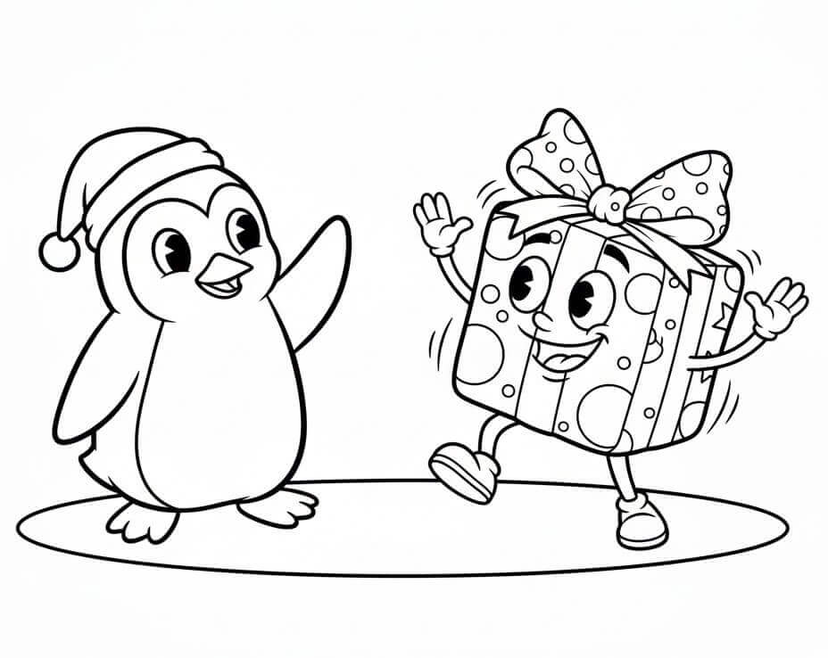 Penguen ve Noel Hediyesi Boyama Sayfası