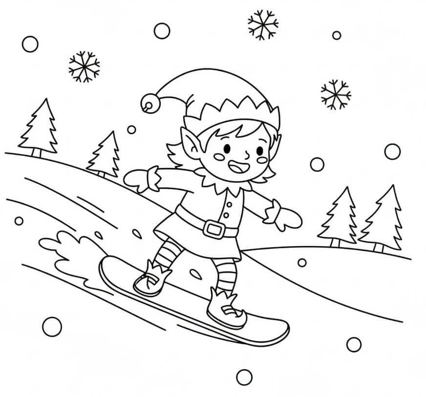 Snowboard Yapan Noel Elfi Boyama Sayfası