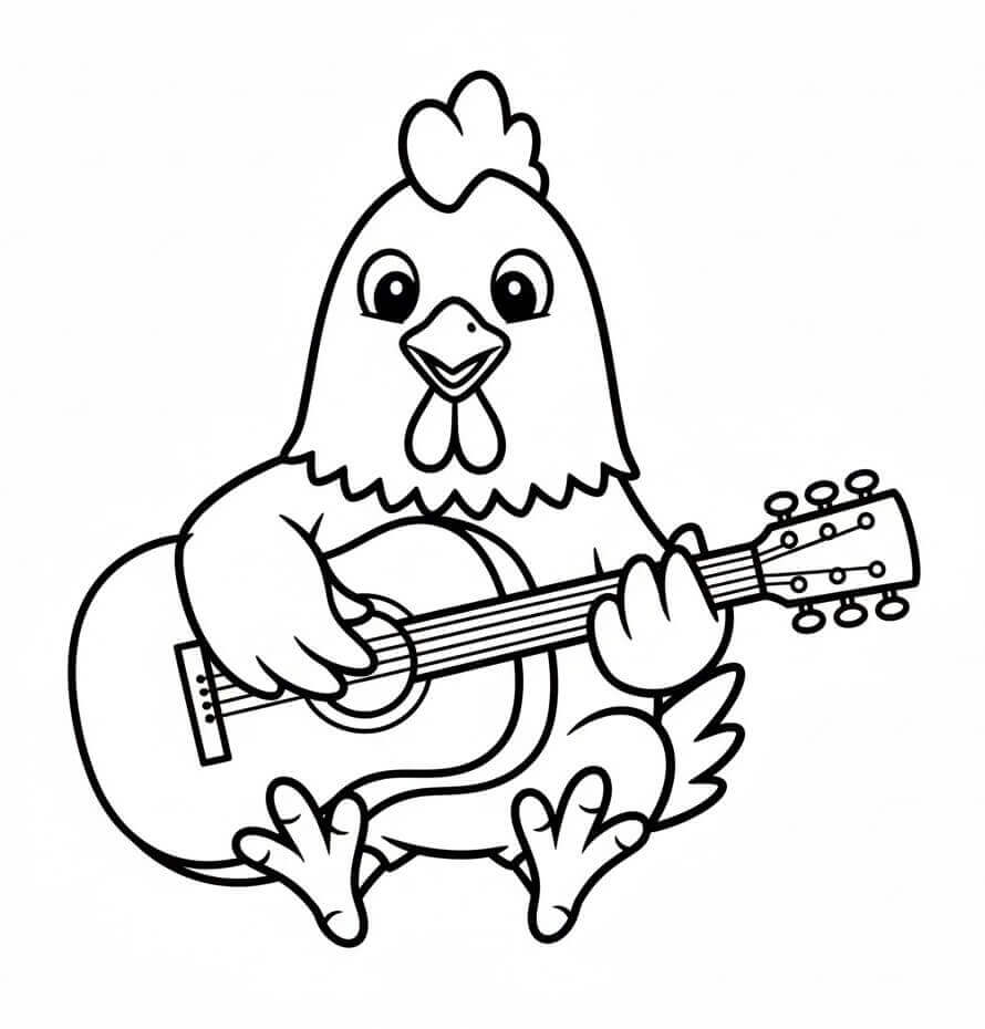 Tavuk Gitar Çalıyor Boyama Sayfası