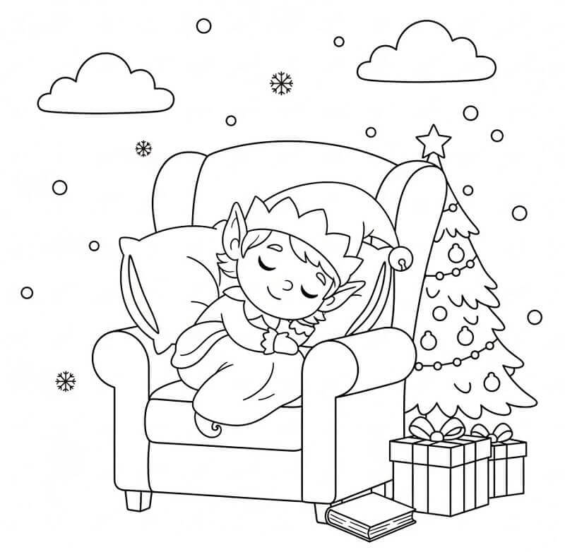 Uyuyan Noel Elfi Boyama Sayfası